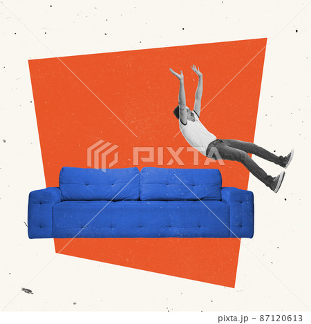 Creative design. Young man falling down on long blue sofa after hard day 87120613