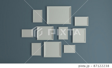 horizontal and vertical collage photo or picture art with blue wall realistic 3D rendering 87122238