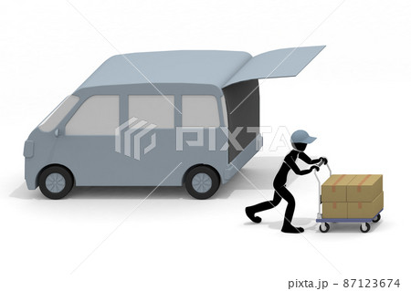 配達用のトラック 運送自動車と人 荷物を台車に載せる 車で荷物を運ぶ 荷物を配達する人物 のイラスト素材