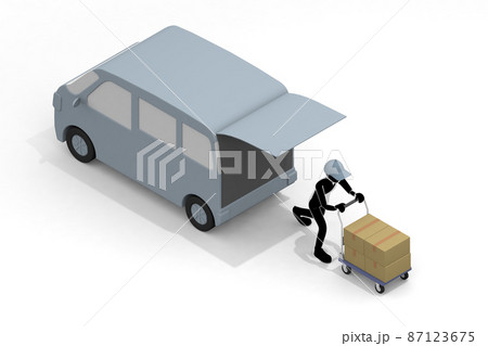 配達用のトラック。運送自動車と人。荷物を台車に載せる。車で荷物を運ぶ。荷物を配達する人物。 87123675