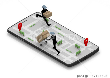 スマートフォンの地図アプリ。目的地が表示される。荷物を届ける。スマホと配達員。運送業の仕事。 スマートフォンの地図アプリ。目的地が表示される。荷物を届ける。スマホと配達員。運送業の仕事。 87123698