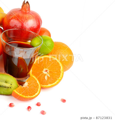 Citrus juice and fruits isolated on white . Free space for text. Citrus juice and fruits isolated on white . Free space for text. 87123831