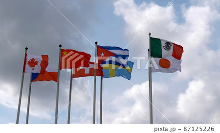 Various national flags with the EU flag under a blue sky. 87125226