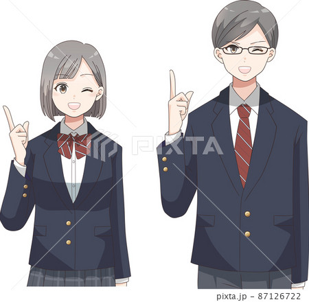 指差しポーズ ウインクする笑顔の男女の学生 ブレザー服チェック柄 指差しポーズ ウインクする笑顔の男女の学生 ブレザー服チェック柄 87126722