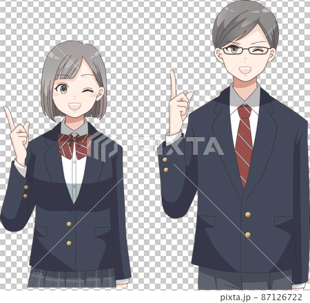 指差しポーズ ウインクする笑顔の男女の学生 ブレザー服チェック柄 指差しポーズ ウインクする笑顔の男女の学生 ブレザー服チェック柄 87126722