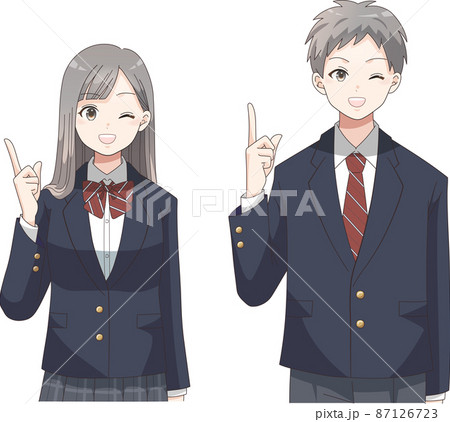 指差しポーズ　ウインクする笑顔の男女の学生　ブレザー服チェック柄 87126723