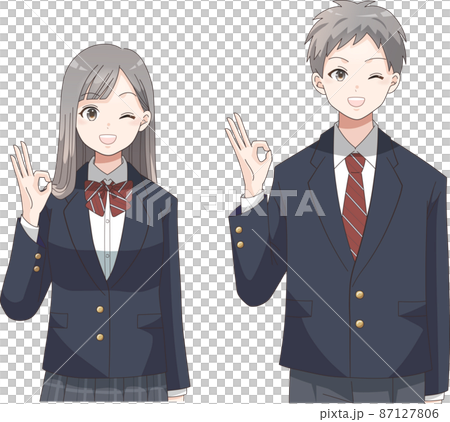 OKポーズ ウインクする笑顔の男女の学生 ブレザー服チェック柄 OKポーズ ウインクする笑顔の男女の学生 ブレザー服チェック柄 87127806