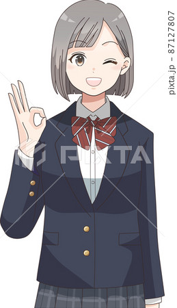 OKポーズ　ウインクする笑顔の女子学生　ブレザー服チェック柄 87127807