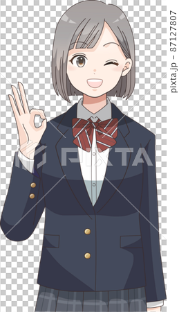 OKポーズ　ウインクする笑顔の女子学生　ブレザー服チェック柄 87127807