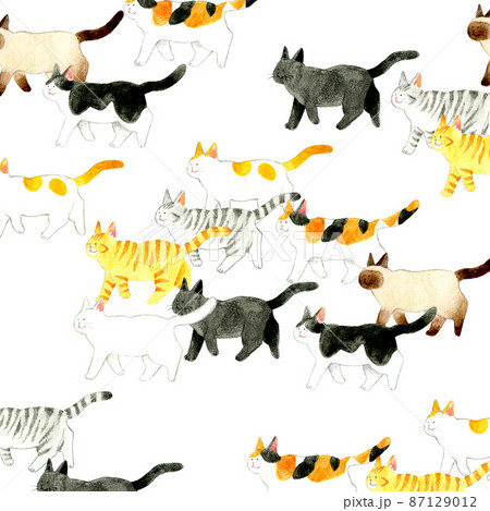 かわいい猫の背景素材　色々な柄の歩く猫の手描き水彩イラスト 87129012