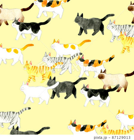 かわいい猫の背景素材　色々な柄の歩く猫の手描き水彩イラスト 87129013