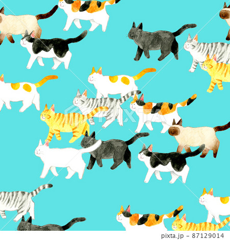 かわいい猫の背景素材　色々な柄の歩く猫の手描き水彩イラスト 87129014