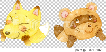 Illustration of an exciting raccoon dog and fox 87129820