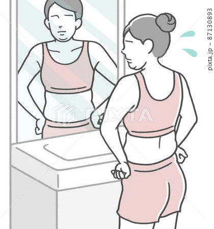 鏡の前で体型をチェックし、太った事に落ち込む若い女性 87130893