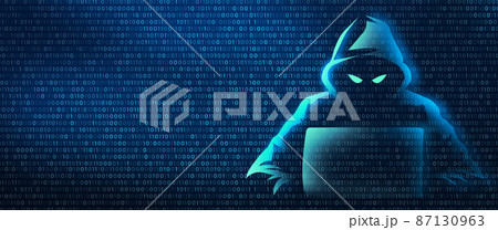 Hacker in binary code digital background. Cyber crime and internet privacy hacking. Network security, Cyber attack, Computer Virus, Ransomware, and Malware Concept. 2D illustration. Hacker in binary code digital background. Cyber crime and internet privacy hacking. Network security, Cyber attack, Computer Virus, Ransomware, and Malware Concept. 2D illustration. 87130963