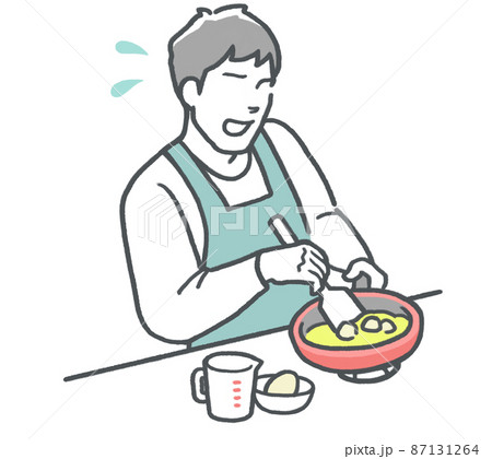 苦手な料理に挑戦するも、失敗して焦る若い男性 苦手な料理に挑戦するも、失敗して焦る若い男性 87131264