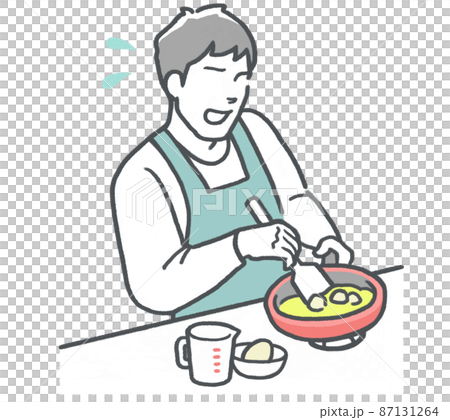 苦手な料理に挑戦するも、失敗して焦る若い男性 苦手な料理に挑戦するも、失敗して焦る若い男性 87131264