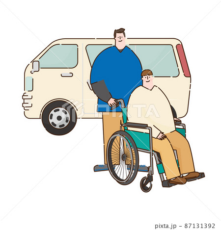 車いすに乗った男性と介助スタッフと送迎車。アウトライン有り。 87131392