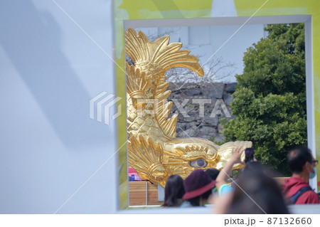 金鯱をまじかに楽しむ観光客（名古屋城　愛知県 名古屋市） 87132660