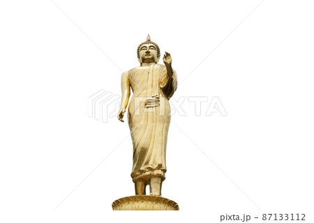 Golden Buddha statue standing isolated on white background - clipping paths. 87133112