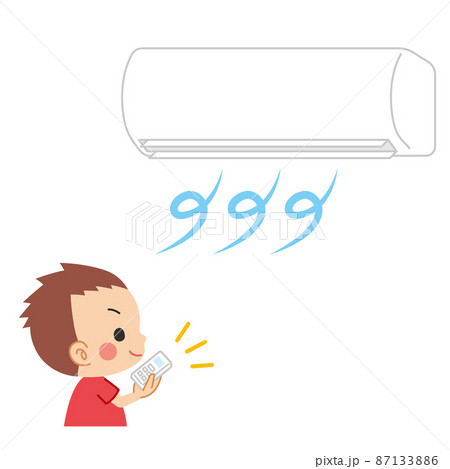 エアコンのスイッチを入れる可愛い小さな男の子のイラスト 白背景 クリップアートのイラスト素材