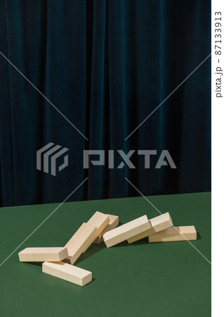 The path of wooden blocks, concept of balance, balance, life harmony, self-destruction. Mental health, fall and depression abstract modern still life 87133913