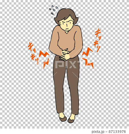 Illustration of a woman feeling pain in the abdomen 87133976