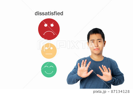 Young man choosing sadness emotion face screen.customer experience dissatisfied. 87134128