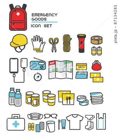 防災、防災グッズ、防災用品、非常用グッズ、被災、震災、アイコン、地震、非常用持ち出し、災害、ベクター 87134283
