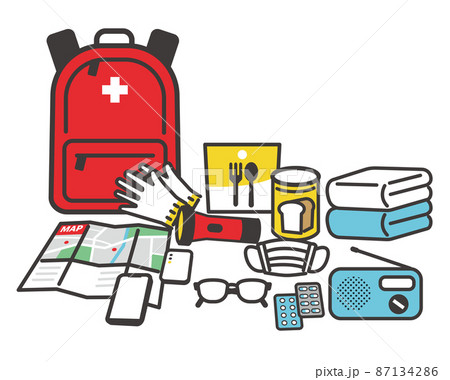 防災、防災グッズ、防災用品、非常用グッズ、被災、震災、アイコン、地震、非常用持ち出し、災害、ベクター 87134286