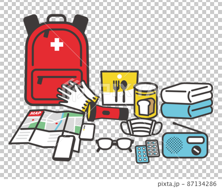 防災、防災グッズ、防災用品、非常用グッズ、被災、震災、アイコン、地震、非常用持ち出し、災害、ベクター 87134286