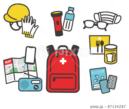 防災、防災グッズ、防災用品、非常用グッズ、被災、震災、アイコン、地震、非常用持ち出し、災害、ベクター 87134287
