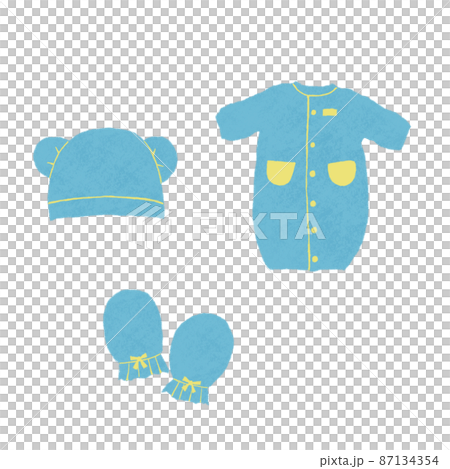 赤ちゃんの服と帽子とミトンのセット手書きイラスト 青 のイラスト素材