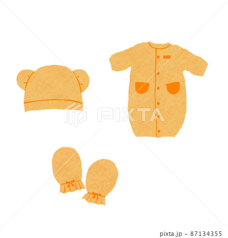 赤ちゃんの服と帽子とミトンのセット手書きイラスト オレンジ のイラスト素材