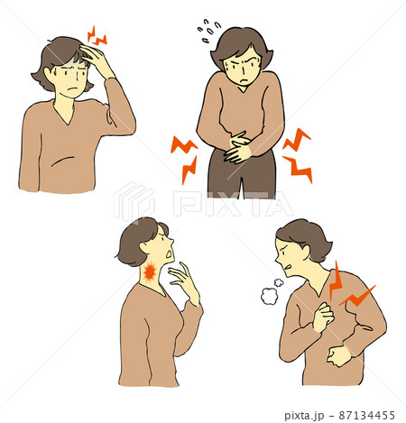 体に痛みを感じる女性のイラスト　セット 87134455