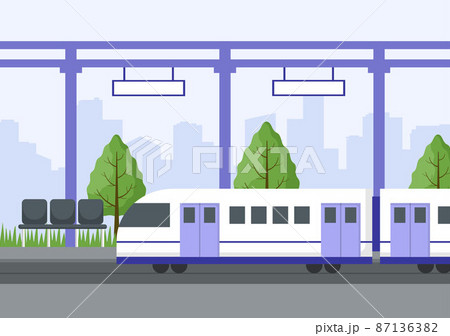 Railway Station with Train Transport Scenery, Platform for Departure and Underground Interior Subway in Flat Background Poster Illustration 87136382