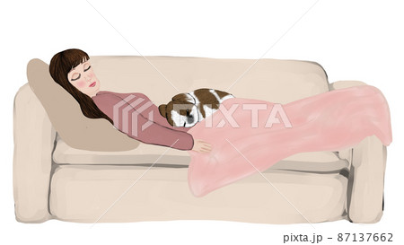 ソファで眠っている女の子と犬 ソファで眠っている女の子と犬 87137662