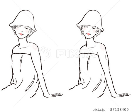 サウナに入る女性 ショートヘアでサウナハットをかぶっている 目を閉じて座っている のイラスト素材