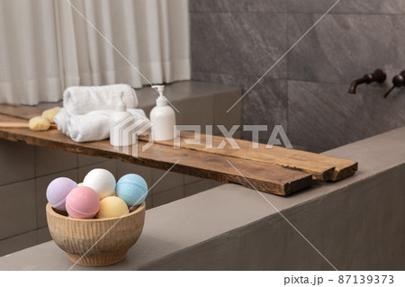 relax cozy objects and background with bath bomb, bathtub 87139373