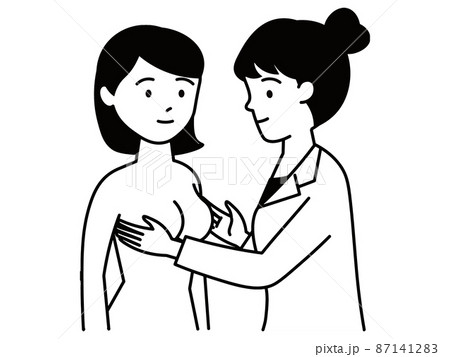 女医さんの診断を受ける上半身裸の女性　婦人科検診　触診　乳がん検診　母乳外来 87141283