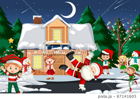 Christmas winter scene with happy children and Santa Claus 87141605