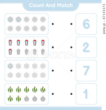 Count and match, count the number of Snowflake, Christmas Ball, Gift Box and match with the right numbers. Educational children game, printable worksheet, vector illustration Count and match, count the number of Snowflake, Christmas Ball, Gift Box and match with the right numbers. Educational children game, printable worksheet, vector illustration 87143373