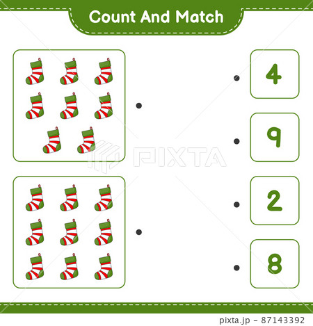 Count and match, count the number of Christmas Sock and match with the right numbers. Educational children game, printable worksheet, vector illustration Count and match, count the number of Christmas Sock and match with the right numbers. Educational children game, printable worksheet, vector illustration 87143392