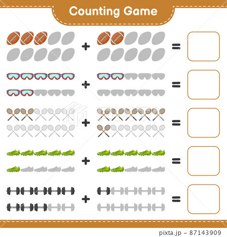 Count and match, count the number of Badminton Rackets, Dumbbell, Rugby Ball, Goggle, Soccer Shoes and match with the right numbers. Educational children game, printable worksheet, vector illustration 87143909