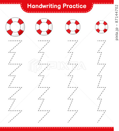 Handwriting practice. Tracing lines of Lifebuoy. Educational children game, printable worksheet, vector illustration Handwriting practice. Tracing lines of Lifebuoy. Educational children game, printable worksheet, vector illustration 87144702