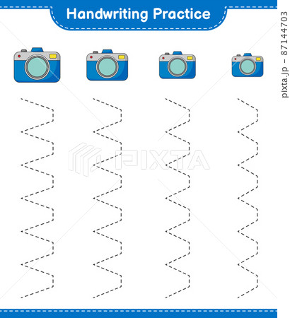 Handwriting practice. Tracing lines of Camera. Educational children game, printable worksheet, vector illustration Handwriting practice. Tracing lines of Camera. Educational children game, printable worksheet, vector illustration 87144703