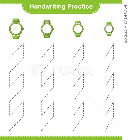 Handwriting practice. Tracing lines of Watches. Educational children game, printable worksheet, vector illustration Handwriting practice. Tracing lines of Watches. Educational children game, printable worksheet, vector illustration 87144704
