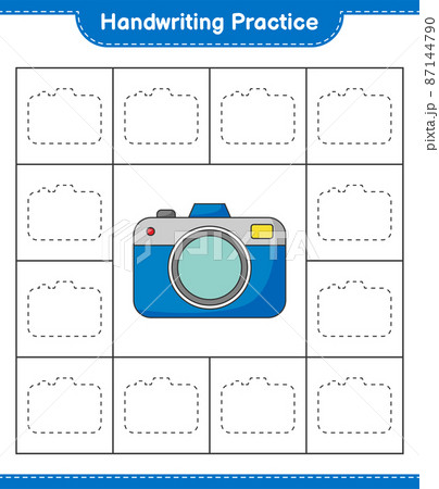 Handwriting practice. Tracing lines of Camera. Educational children game, printable worksheet, vector illustration Handwriting practice. Tracing lines of Camera. Educational children game, printable worksheet, vector illustration 87144790