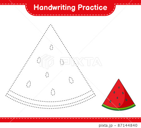 Handwriting practice. Tracing lines of Watermelon. Educational children game, printable worksheet, vector illustration Handwriting practice. Tracing lines of Watermelon. Educational children game, printable worksheet, vector illustration 87144840
