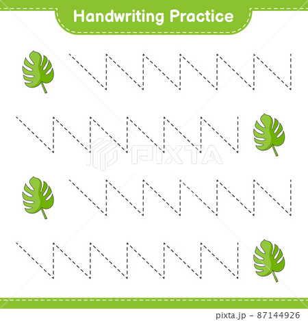 Handwriting practice. Tracing lines of Monstera. Educational children game, printable worksheet, vector illustration Handwriting practice. Tracing lines of Monstera. Educational children game, printable worksheet, vector illustration 87144926
